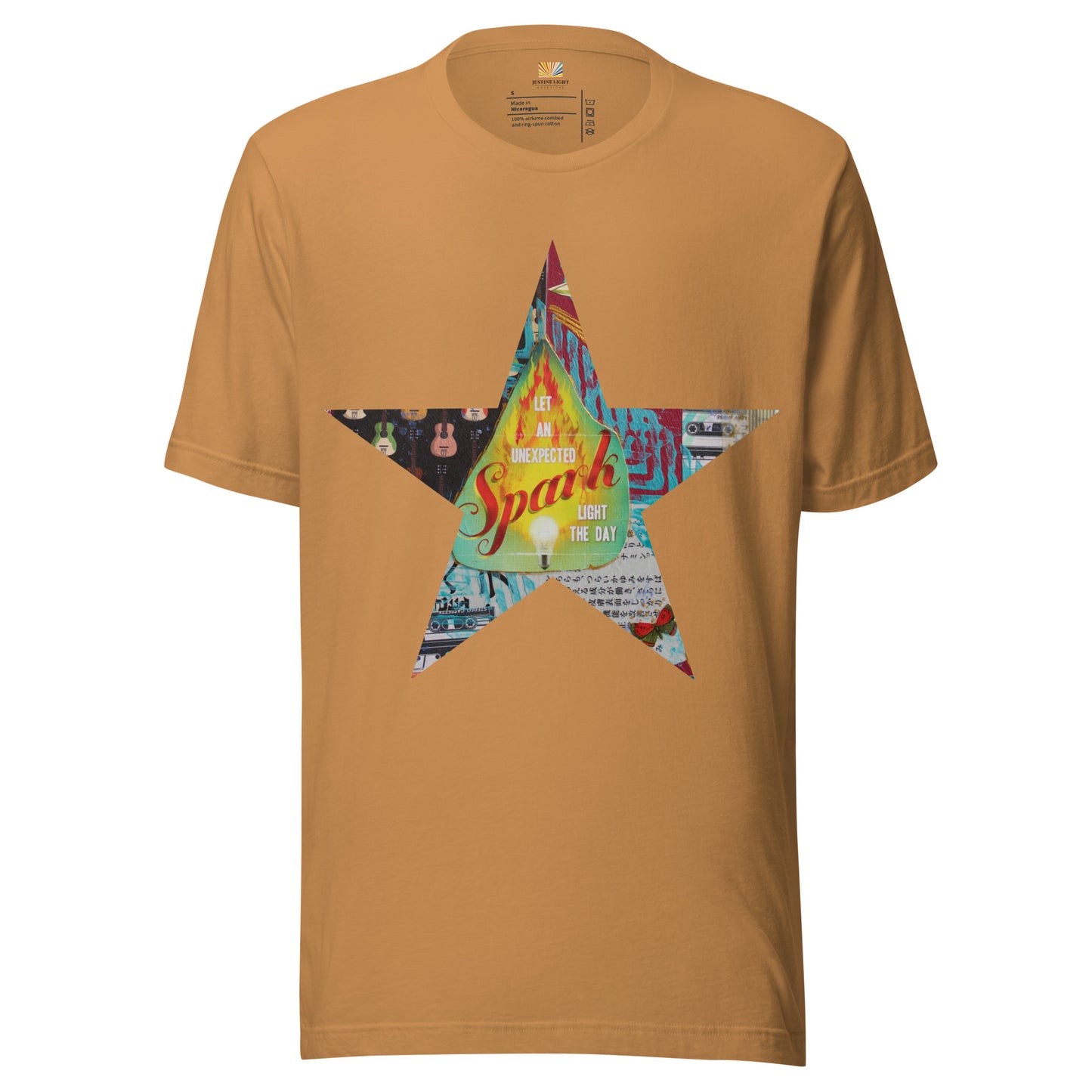 Star tee shirt in toast color with a colorful mixed-media star design and the words spark of inspiration on a soft unisex t shirt.
