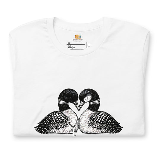 Folded image of  loon t-shirt with a graphic of two birds, with beaks together forming a heart. White color shirt
