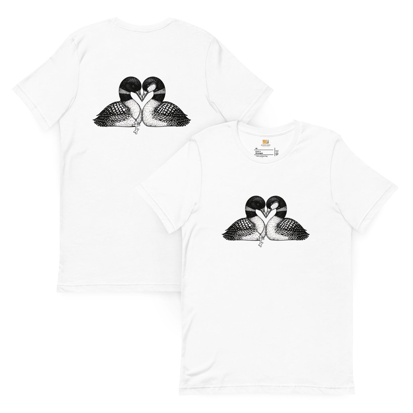 front and back view of  hockey romance loon t-shirt unisex, both sides have a graphic of 2 loons forming a heart shape. shirt color is White