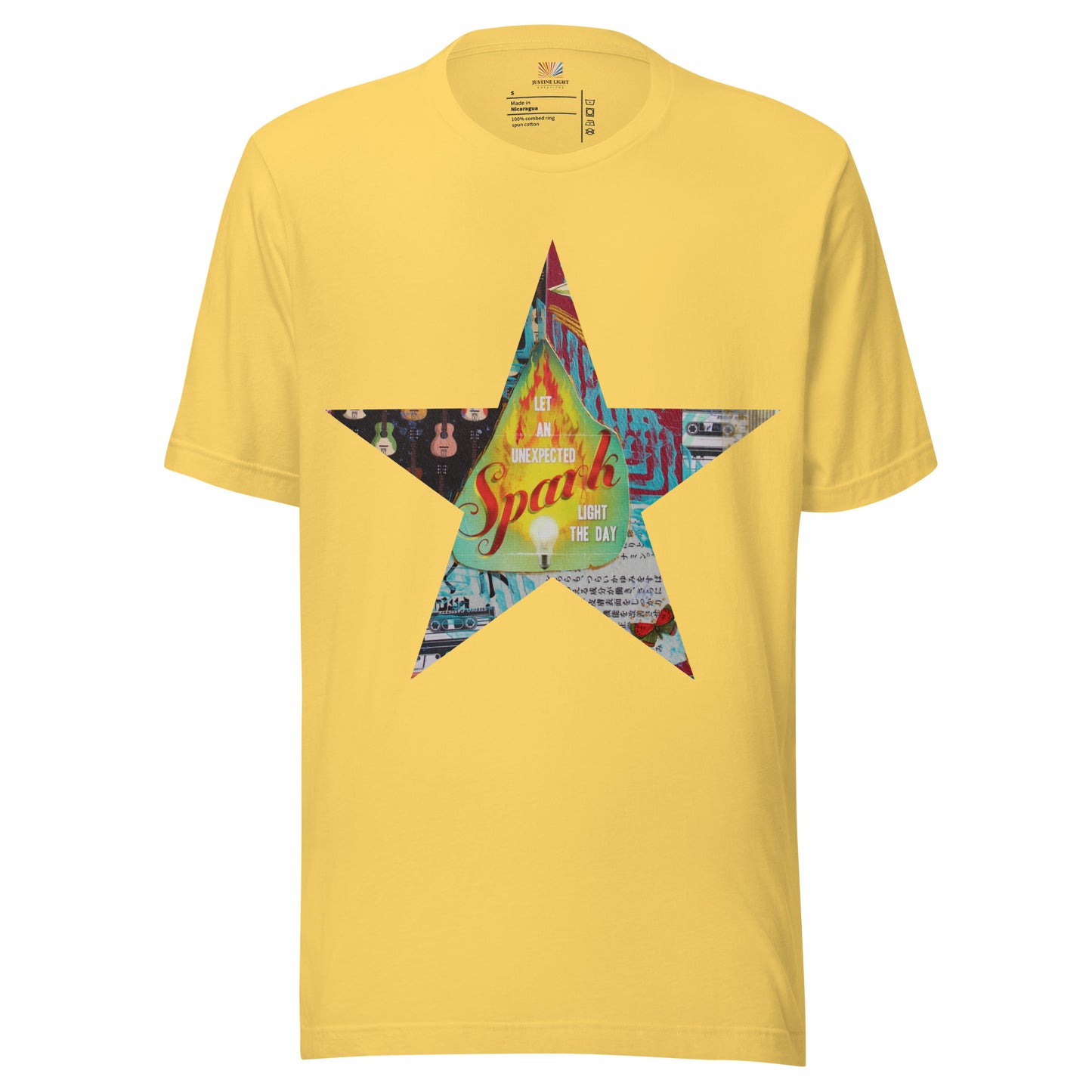 Star tee shirt in yellow with a colorful mixed-media star design and the words spark of inspiration on a soft unisex t shirt.
