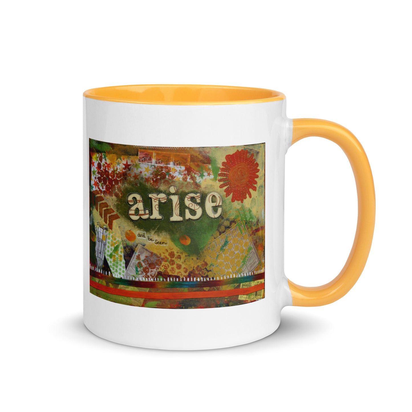 Inspirational coffee mug Arise and Be Seen 11 oz double sided, artwork side, golden yellow interior and handle