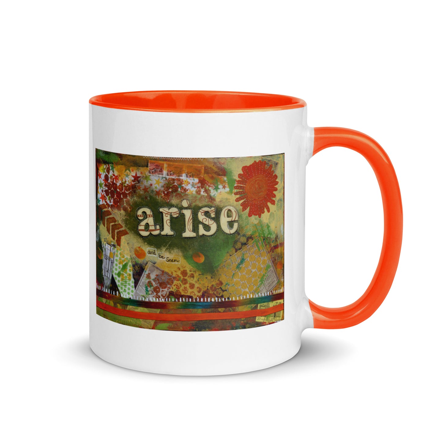 Inspirational coffee mug Arise and Be Seen 11 oz double sided, artwork side -orange interior and handle