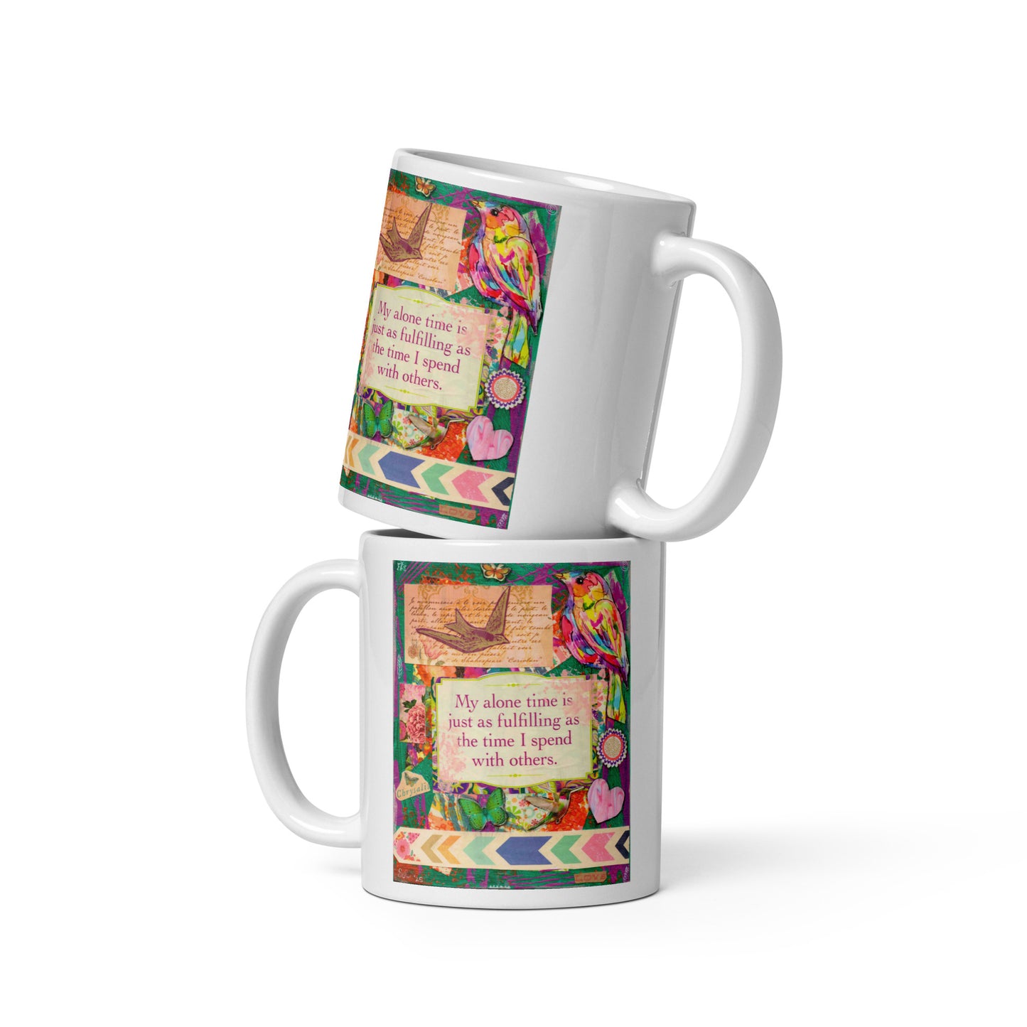 two cups showing both sides of the same image of the Double-sided colorful coffee mug with rainbow birds, butterflies, marbled heart + self-love mantra